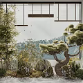 Modern Indoor Garden Decor With Pine Tree Bamboo Rocks And Small Waterfall
