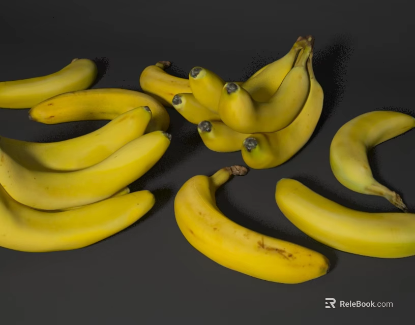 Fresh Ripe Yellow Bananas Scattered With Bunch On Dark Background 3d model 