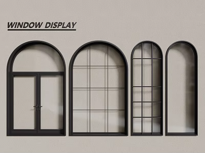 Casement Windows Display With Arched Designs Black Frames And Various Grilles 3d model