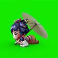 Cute Girl With Purple Hair And Pink Flower Holding Umbrella Lying On Green Background