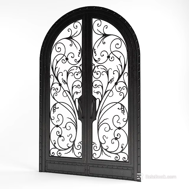Intricate Iron Arched Double Doors With Curly Pattern Designs For Architectural Decor 3d model 