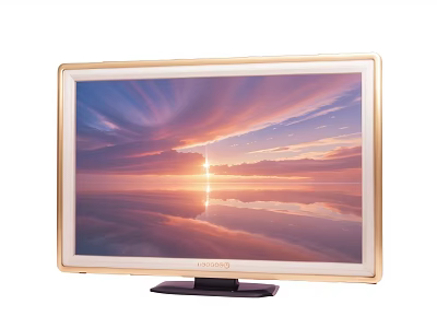 Philips Computer Monitor With Golden Frame Displaying Sunset Sea View and Black Base 3d model