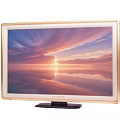 Philips Computer Monitor With Golden Frame Displaying Sunset Sea View and Black Base