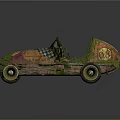 Vintage Race Car Covered With Green Plants And Colorful Body Graphics