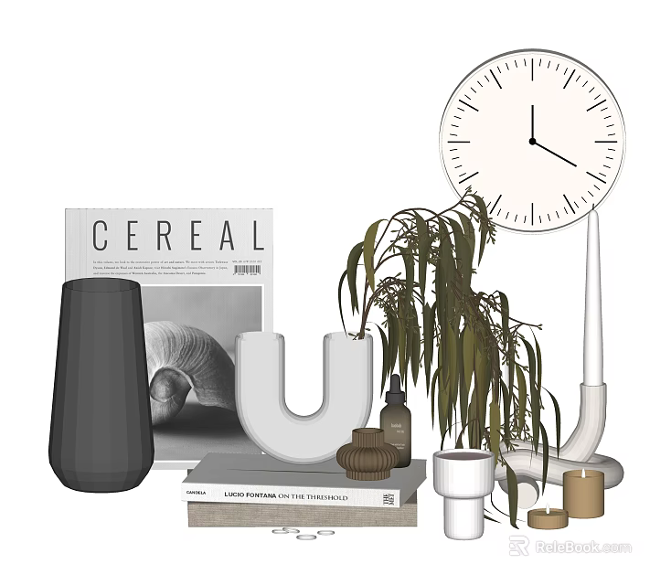 Modern Decorative Ornaments Set With Wall Clock Magazine U Shaped Decor Potted Plant And Books 3d model 