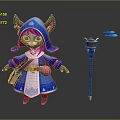 Game Movie Character Cat Like In Blue Hooded Cloak With Magic Flaming Staff And Bag