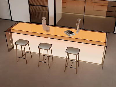 Modern Illuminated Glass Bar Counter With Three High Stools And Water Bottle Book On Top 3d model