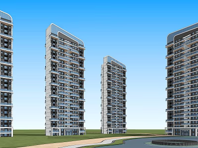 Modern Tall Residential Buildings With Green Lawns Pathways And Clear Blue Sky 3d model