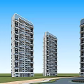 Modern Tall Residential Buildings With Green Lawns Pathways And Clear Blue Sky