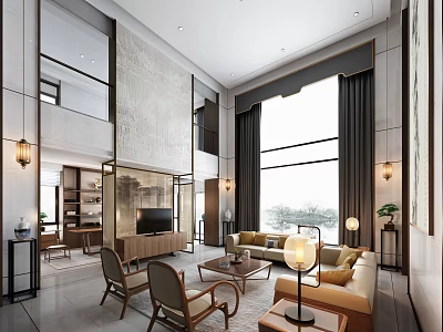 Modern Duplex Living Room Interior Design With Floor to Ceiling Windows Sofa And Coffee Table 3d model