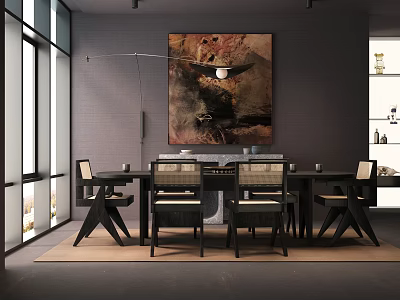 Modern Restaurant Interior With Long Dining Table Black Chairs Large Abstract Painting And Gray Walls 3d model
