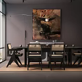 Modern Restaurant Interior With Long Dining Table Black Chairs Large Abstract Painting And Gray Walls