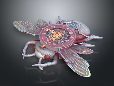 Detailed 3D Mechanical Insect Clock With Intricate Gears And Colorful Textured Wings 3d model