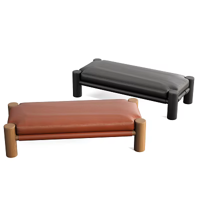 Two Leather Sofa Benches with Black and Brown Upholstery and Wooden Legs 3d model