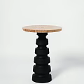 Modern Minimalist Wooden Side Table With Black Layered Stacked Base And Round Top