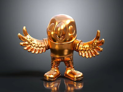 Golden Decorative Sculpture With Outstretched Wings Standing On Reflective Surface 3d model