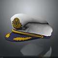 White And Blue Military Style Hat Featuring Yellow Emblem And Decorative Trim