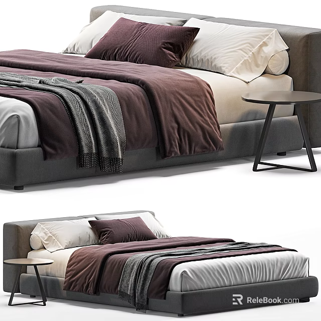 Modern Double Bed With Purple Bedding White Pillows Gray Blanket And Side Table 3d model