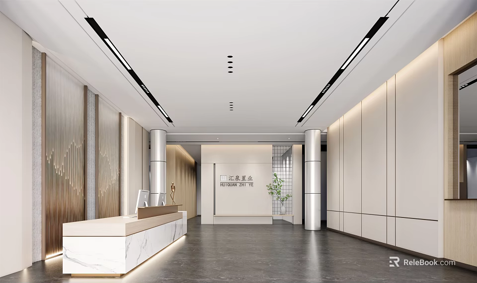 Modern Front Desk Reception Area With White Counter Bright Lighting And Elegant Columns 3d model 