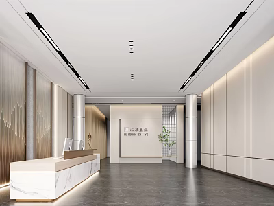 Modern Front Desk Reception Area With White Counter Bright Lighting And Elegant Columns 3d model
