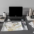 Modern Workspace Setup With HP Laptop Blueprint Camera And Stationery Items 3d model
