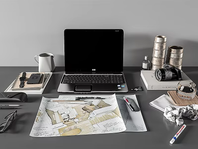 Modern Workspace Setup With HP Laptop Blueprint Camera And Stationery Items 3d model