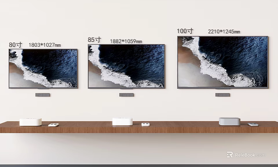 Wall Mounted Televisions with 85 Inch and 100 Inch Screen Sizes on 3d model 