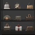 Stylish Designer Bags Displayed on Black Shelves With Various Patterns and Colors
