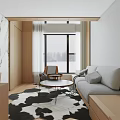 Modern Apartment Living Room Featuring Light Sofa Round Coffee Tables Cowhide Rug and Wooden Floors