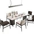 Modern Rectangular Dining Table And Chairs Set With Leather Seats And Floral Vase 3d model