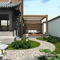 Chinese Style Garden View Through Circular Archway With Pavilion Small Bridge And Stone Path