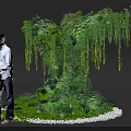 Floral Art Installation With Lush Greenery Hanging Plants And White Pebble Base