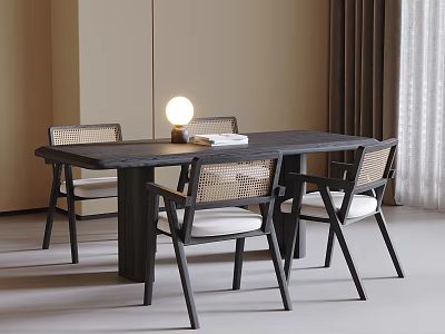 Dark Wood Dining Table And Rattan Back Chairs With Table Lamp In Minimalist Room 3d model