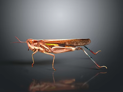 Brown Grasshopper With Yellow Stripes Long Legs And Reflective Surface On Gray Background 3d model