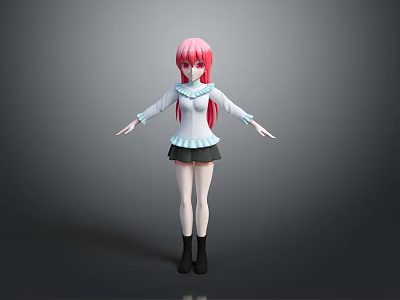 Game Movie Character 3D Model With Pink Long Hair White Top And Black Skirt 3d model