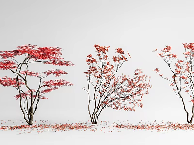 Red Leaf Trees with Scattered Red Fallen Leaves on White Background 3d model