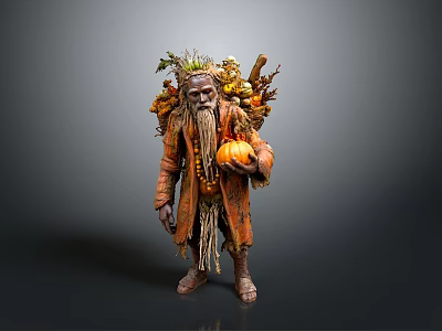 Old Forest Man In Ragged Clothes Carrying Pumpkin Plants And Vegetables 3d model