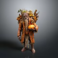 Old Forest Man In Ragged Clothes Carrying Pumpkin Plants And Vegetables