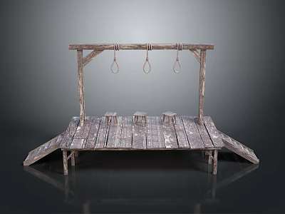 Rustic Wooden Platform Structure With Top Beam Three Hooks And Small Stools 3d model