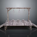 Rustic Wooden Platform Structure With Top Beam Three Hooks And Small Stools
