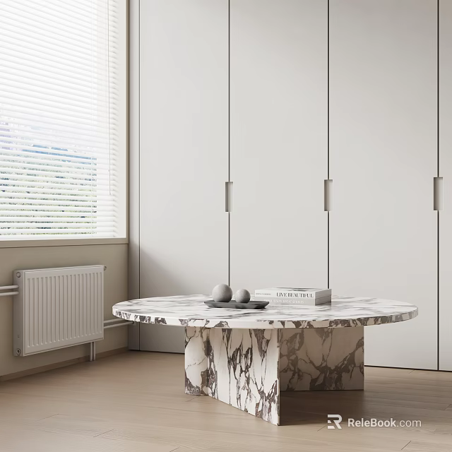 Round Marble Coffee Table With Decorative Balls And Book In Modern Interior 3d model