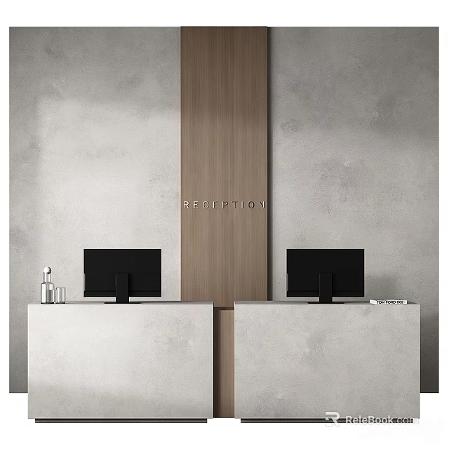 Modern Reception Desk Design With Wooden Center Panel Two Computer Monitors And Concrete Wall 3d model 