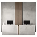 Modern Reception Desk Design With Wooden Center Panel Two Computer Monitors And Concrete Wall