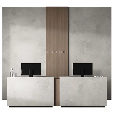 Modern Reception Desk Design With Wooden Center Panel Two Computer Monitors And Concrete Wall 3d model