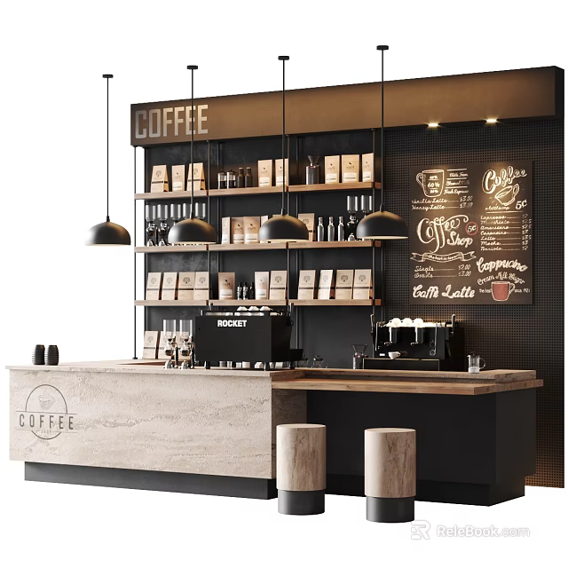 Modern Café Interior Design With Wooden Counter Coffee Machines Chalkboard Menu And Hanging Lights 3d model 