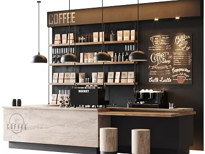 Modern Café Interior Design With Wooden Counter Coffee Machines Chalkboard Menu And Hanging Lights 3d model