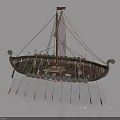Ancient Viking Longship with Sail Oars and Decorative Hull Design