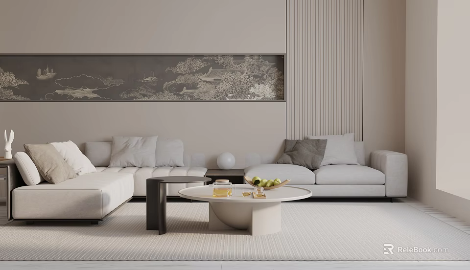 Three-Seater Sofa Modern Living Room with Throw Pillows Round Coffee Table Fruits and Decorative Painting 3d model 