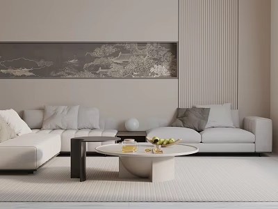Three-Seater Sofa Modern Living Room with Throw Pillows Round Coffee Table Fruits and Decorative Painting 3d model