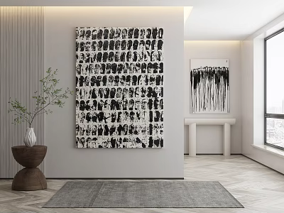 Modern Living Room Interior Featuring Large Abstract Wall Art With Decorative Plant And Wooden Table 3d model